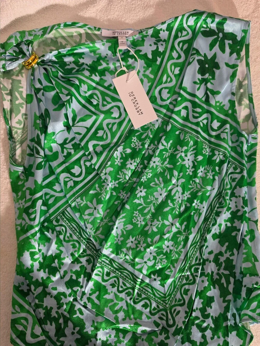 10 Crosby Derek Lam Green Botanical One-Shoulder Swim Coverup with Gold Ring